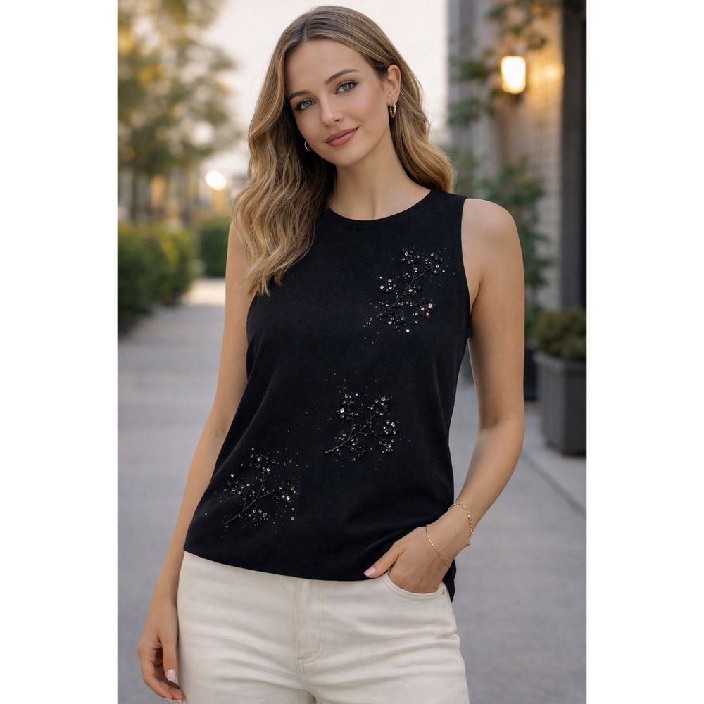 After Dark Black‎ Beaded Floral Sleeveless Blouse Top P1823 Mens Size M